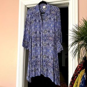 NWOT  Cupio Hankerchief Hem Button Down Dress in Blue Black Tribal - Size M